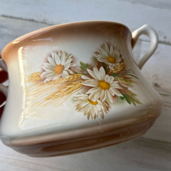 Vintage Ceramic Pot with Handles Daisy & Wheat Pattern Planter Cache Farmhouse - Picture 4 of 11